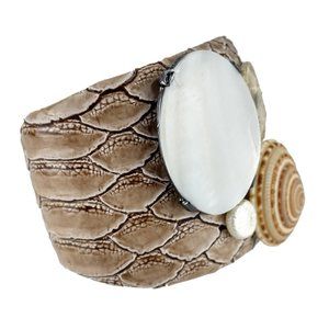 Large Wide Statement Tan Faux Snake Skin Sea Shell Cuff Bracelet